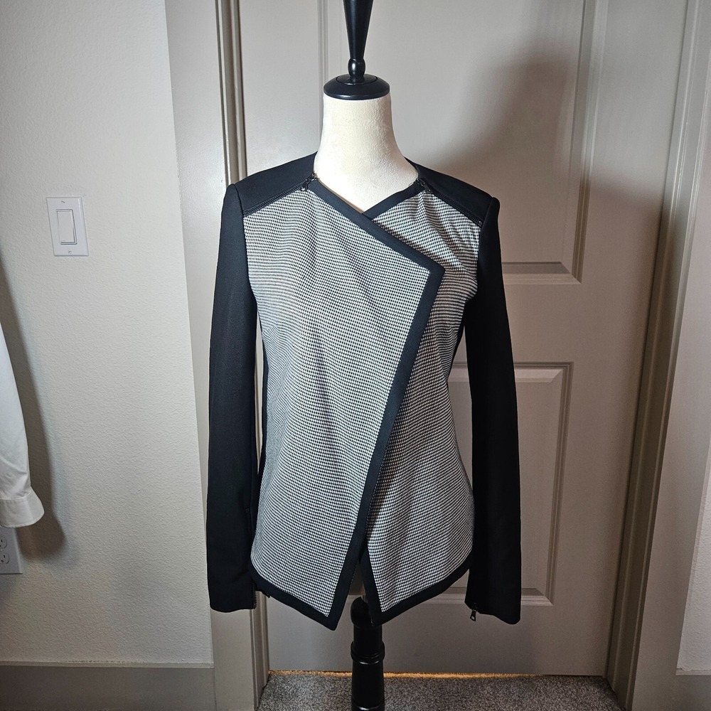 Robert Rodriguez Open Front Blazer Jacket Women Sz 2 Zipper Houndstooth Black